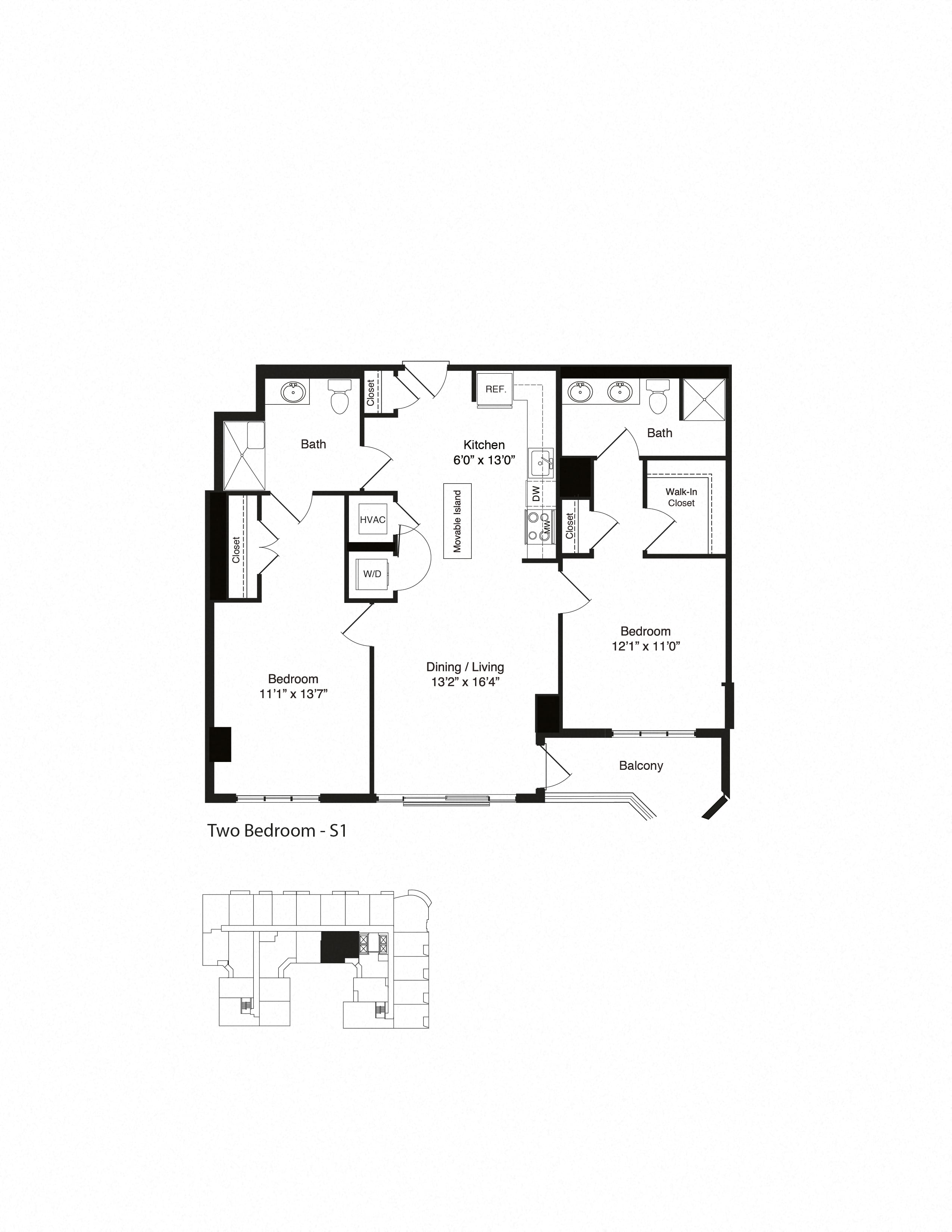 Floor plan for 2 beds, 2 baths, 1100 sqft